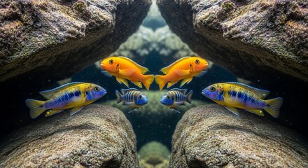 Vibrant African Cichlids Swimming Among Rocks in a Freshwater Aquarium.