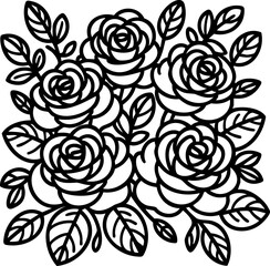 Black and white botanical vector illustration with five blooming roses, elegant floral line art composition, minimal decorative plant drawing