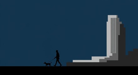 Man and dog enjoying evening walk near modern city architecture under deep blue sky, evoking peaceful urban lifestyle and minimalist design appreciation