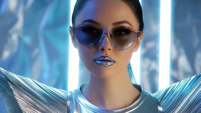 Portrait of futuristic model in silver outfit, perfect for space-themed fashion and cosmic style visuals.