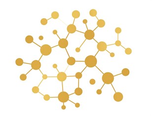 A gold gradient network, likely a stylized representation. Spherical nodes are connected by thin lines against a clean white background