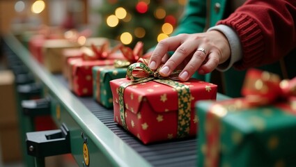 With precise movements, fingers delicately arrange Christmas parcels on a bustling conveyor belt in a festive warehouse