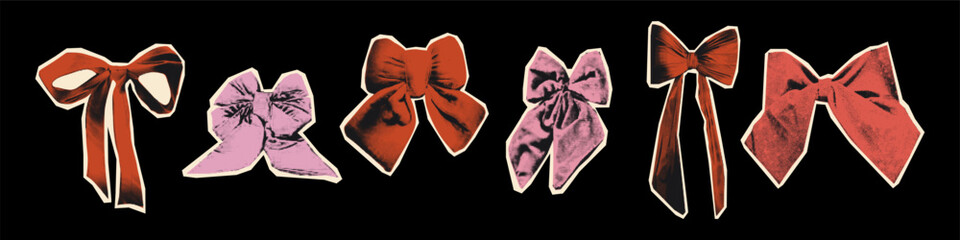 Bows and decorative ribbons halftone art collage cut outs set Red and pink paper clippings Vintage dotted stickers for Christmas and Valentine's day mixed media design Modern retro vector illustration