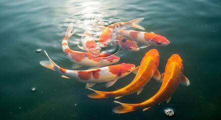 Vibrant Koi Fish Swimming Gracefully in a Clear Pond with Sunlight Reflections.