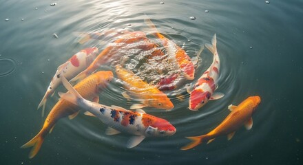 Vibrant Koi Fish Swirling in a Clear Pond with Rippling Water.