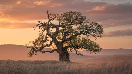 A Majestic Tree Standing Tall Beneath the Golden Glow of a Fading Sunset