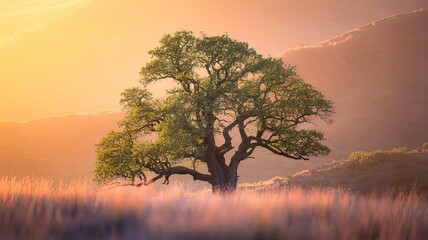 A Lonely Tree Bathed in the Soft Radiance of Dusk Over Rolling Meadows