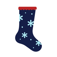 Illustration of a dark blue christmas stocking with snowflakes and red trim on a white background