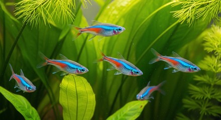 Vibrant Neon Tetra Fish Swimming Gracefully in a Lush Green Aquarium.