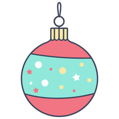 Illustration of a christmas ornament with a red top and bottom and blue center with stars