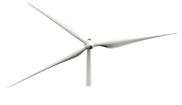 White wind turbine with three blades against a dark backdrop