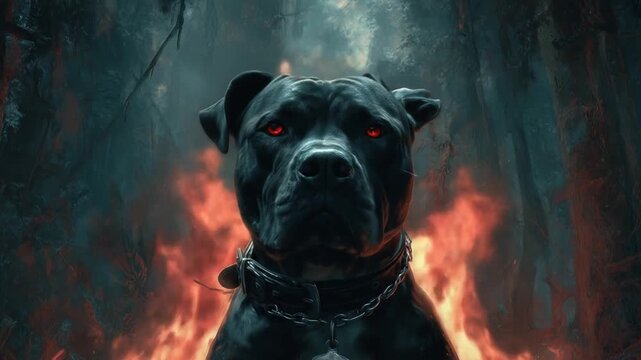 A formidable, black dog stands amidst a fiery forest, radiating an aura of intense power.
