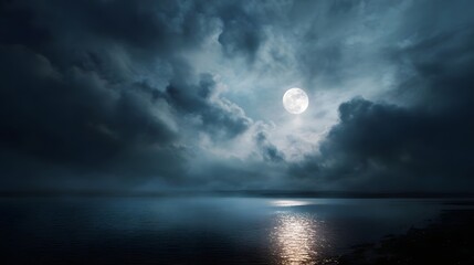 Full moon casts a dramatic glow through dark clouds over a calm reflective ocean at night