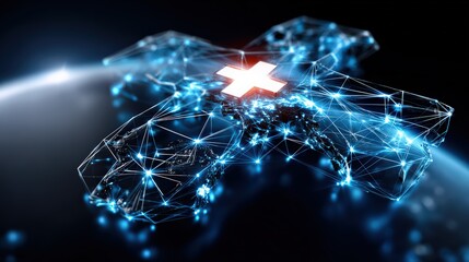 Digital Medical Cross Made of Glowing Network Connections