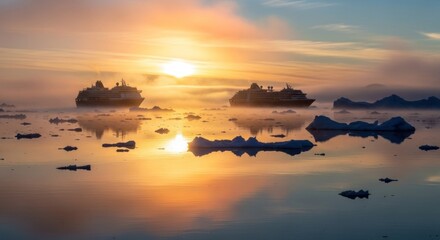 Two ships sail in misty waters as sun rises above icebergs, golden glow