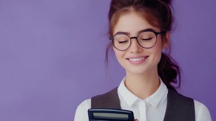 A woman wearing glasses and holding a calculator, ready to do some math - Powered by Adobe