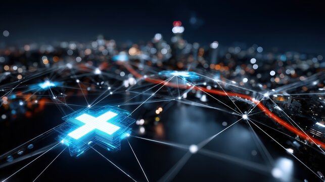 Digital Health Network Over Cityscape at Night - Powered by Adobe