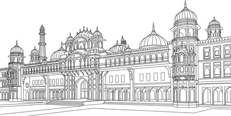Line Drawing of Indian Palace, Architecture, and Heritage Site