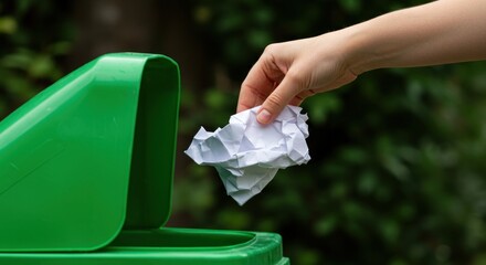 Hand discarding crumpled paper into a green bin outdoors