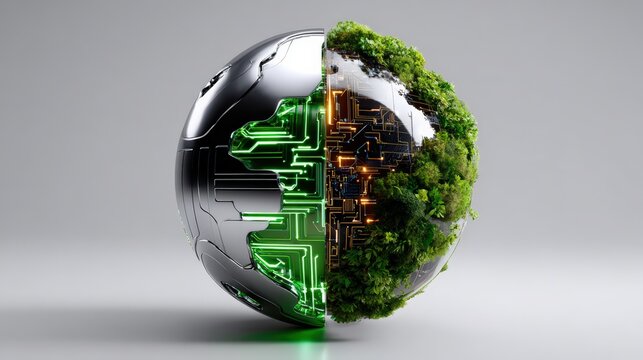 Half Eco and Half Technological Sphere Representing Sustainable Innovation - Powered by Adobe