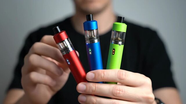 Person Holding Three Colorful Vape Pens in Hand