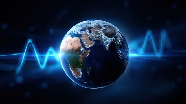 Planet Earth With Glowing Heartbeat Wave on Dark Background