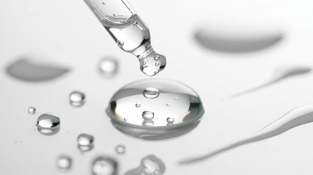 Closeup of a glass dropper releasing a clear liquid drop onto a white surface, symbolizing serum, essence, or cosmetic fluid vector illustration