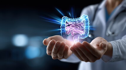 Doctor Holding Holographic Colon and Digestive System Illustration