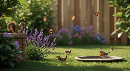 Vibrant Summer Garden Scene with Wildlife and Lush Greenery.