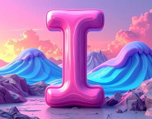 A large, glossy pink letter "I" dominates a surreal scene. Pastel waves roll under a vibrant sky, sitting above a rocky beach