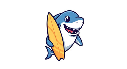 Naklejka premium Joyful cartoon shark holding a surfboard ready for ocean waves, radiating summer fun and adventure.