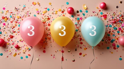 Colorful Balloons with Number Three and Confetti