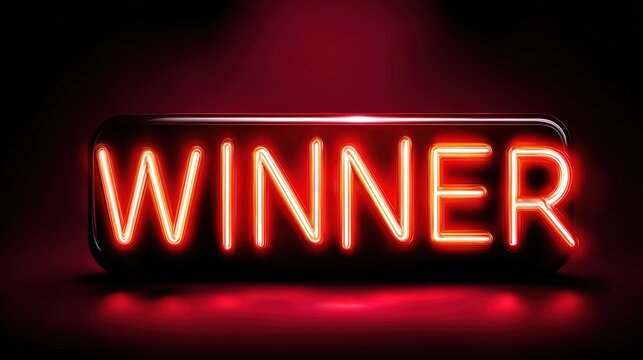 Glowing Neon Sign with Winner Text on Red Background