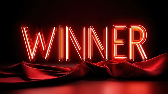 Red Neon Winner Text with Draped Silk on Dark Background