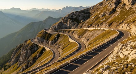 Winding Mountain Road in the Alps at Sunset.