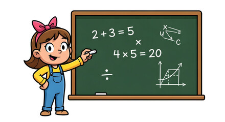 Charming young student enthusiastically learning math at a green chalkboard with equations and graphs