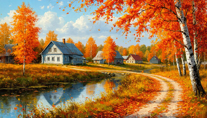 Autumn landscape with orange trees and a river beside a country road  