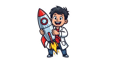 Excited young scientist in lab coat enthusiastically holding a cartoon rocket ready for launch, inspiring innovation and discovery