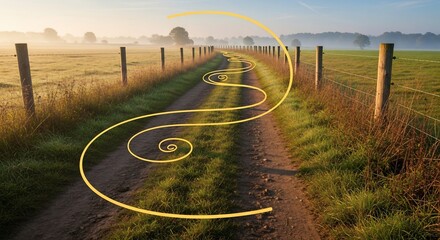 Winding Path Through a Rural Landscape at Sunrise with Glowing Line.