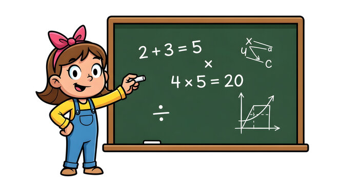 Charming young student enthusiastically learning math at a green chalkboard with equations and graphs
