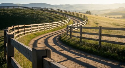 Winding wooden fence and dirt road through a sunlit rural landscape.
