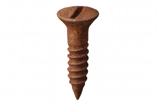 Rusty screw showing metal corrosion on a transparent background, old hardware fastener concept