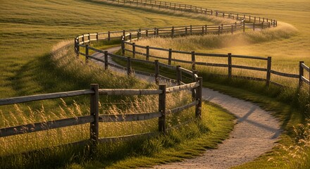 Winding Wooden Fence and Path Through a Golden Grassy Field at Sunset.