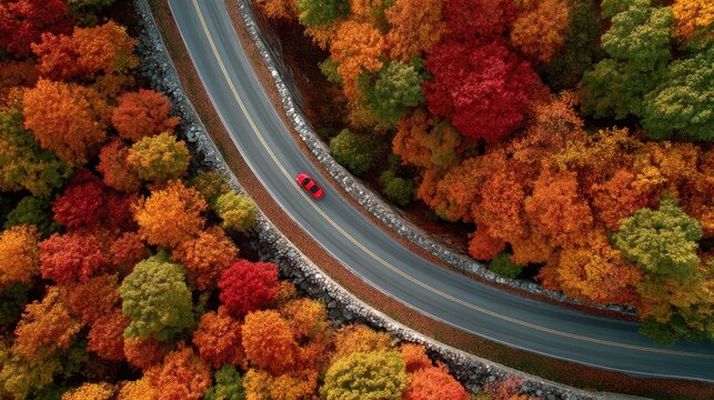 Red car driving on winding road among colorful autumn forest. Aerial view of scenic fall landscape for travel advertisement.
