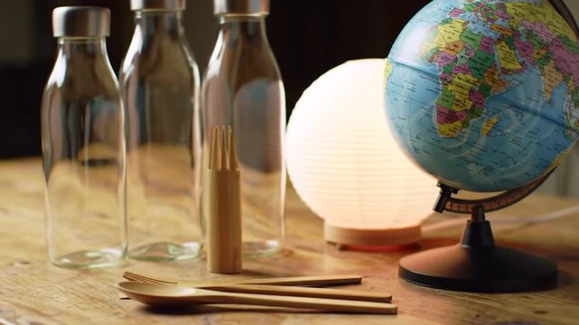 Globe, Bottles, Lamp, and Utensils on Wooden Table