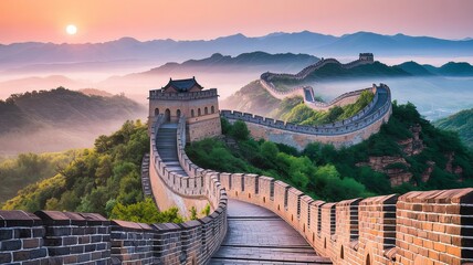 The Timeless Beauty of the Great Wall Emerging from the Mist as the Sun Rises Over the Chinese Mountains.