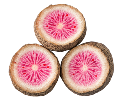 Sliced radish sections showing vibrant pink interiors