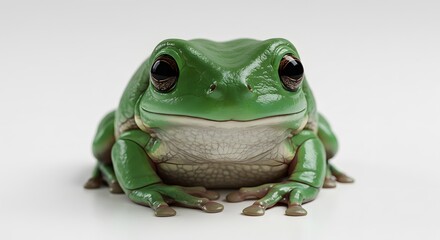 Obraz premium A close-up of a glossy green frog on a white background, looking directly at the viewer