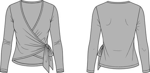wrap top women vneck sash tie draped asymmetrical hem long sleeve fitted apparel garment clothing fashion textile template vector sketch illustration design pattern stylish modern wardrobe prototype s