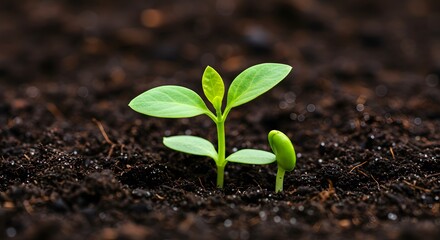 Fototapeta premium A close-up of two young plants, showcasing vibrant green leaves against rich dark soil